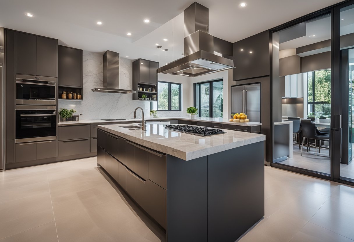 A modern, sleek enclosed kitchen with stainless steel appliances, marble countertops, and a large island for food preparation and entertaining