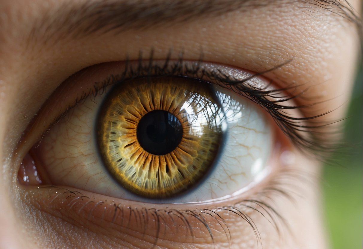 A close-up of hazel eyes reflecting sunlight