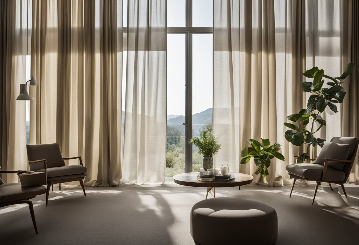 Two layers of curtains hang in a spacious living room, one sheer and one opaque, providing both privacy and light control. The colors and textures of the fabrics create a visually appealing and functional window treatment