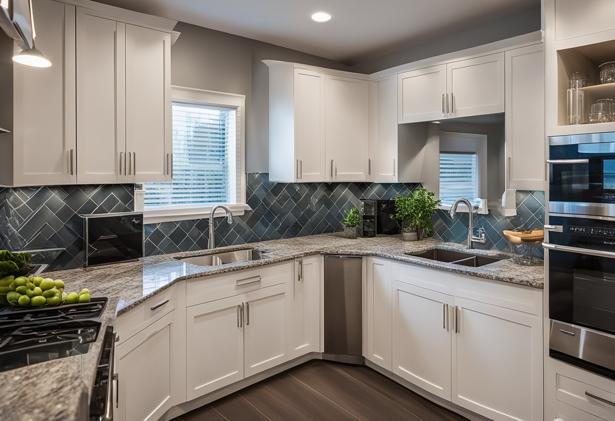 The kitchen is modern and sleek, with stainless steel appliances and a marble countertop. The finishing touches include recessed lighting and a tiled backsplash