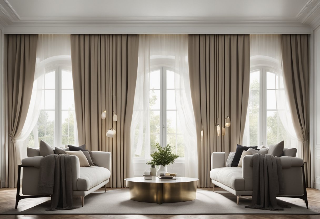 Two elegant curtain designs hang in a spacious living room, creating a stylish and functional window treatment