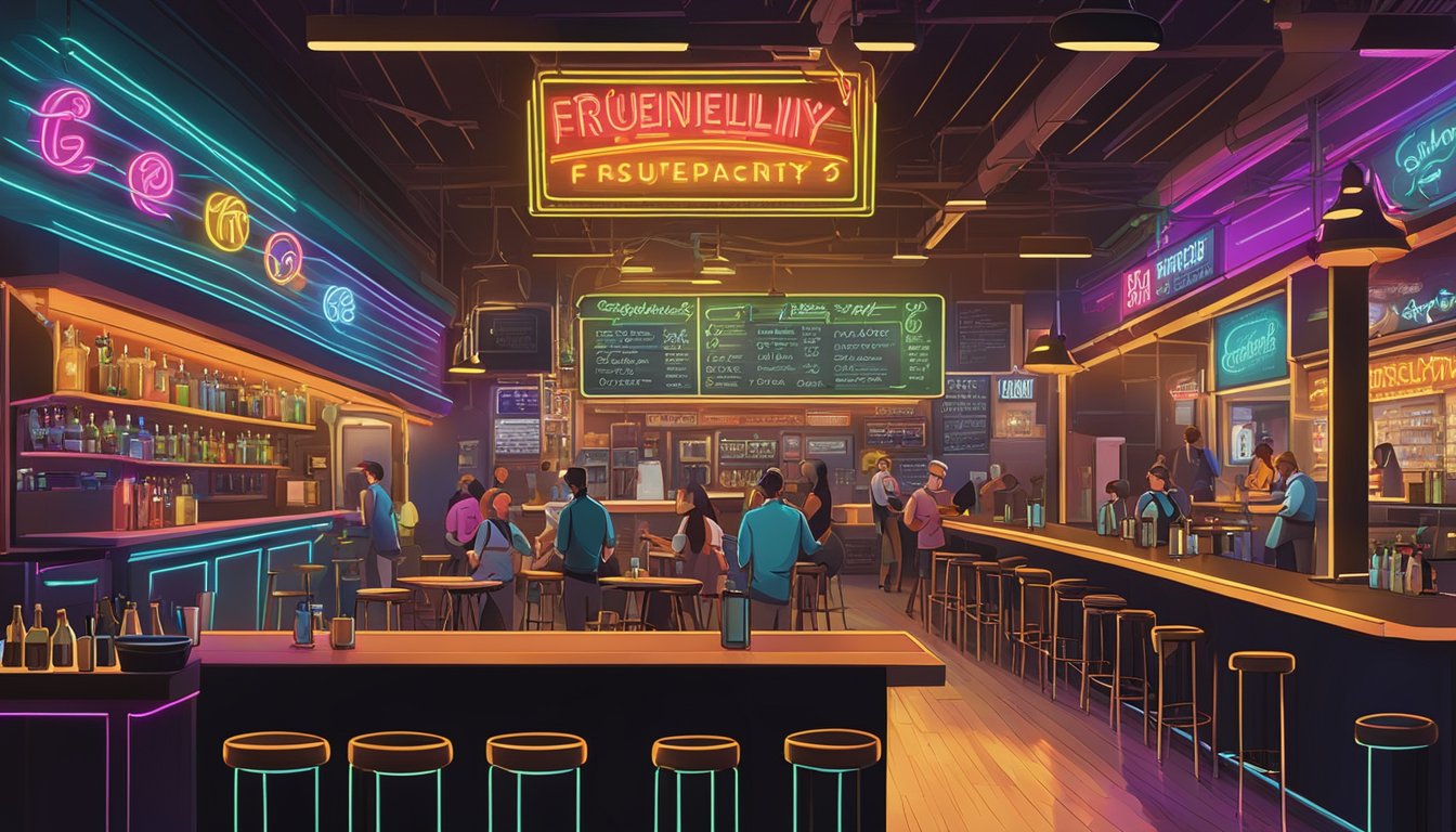 A bustling restaurant bar with a neon sign, lively atmosphere, and a menu board displaying "Frequently Asked Questions" in bold lettering