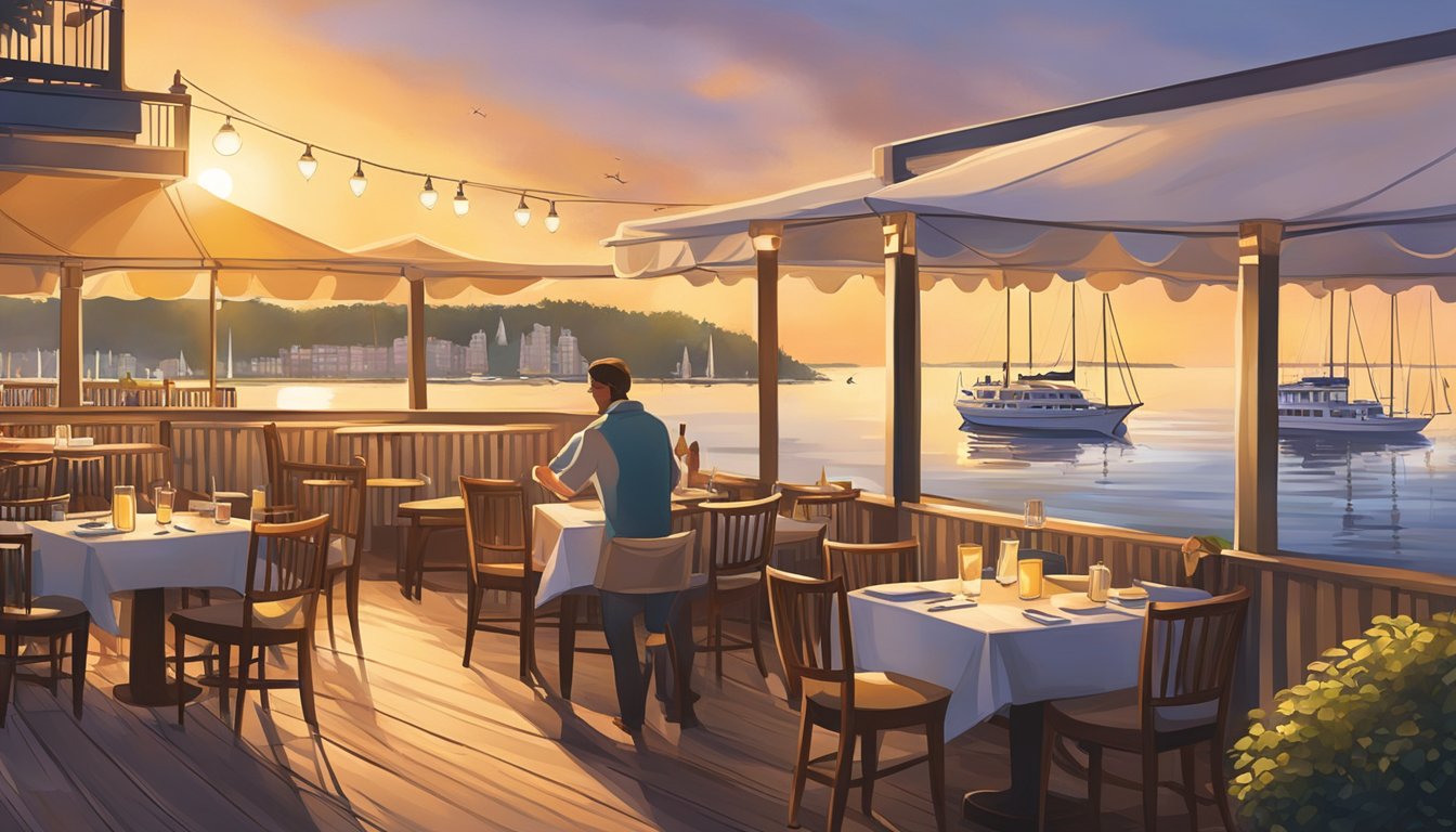 A bustling mariners corner restaurant with outdoor seating, overlooking a serene waterfront. The sun sets behind the distant sailboats, casting a warm glow on the scene