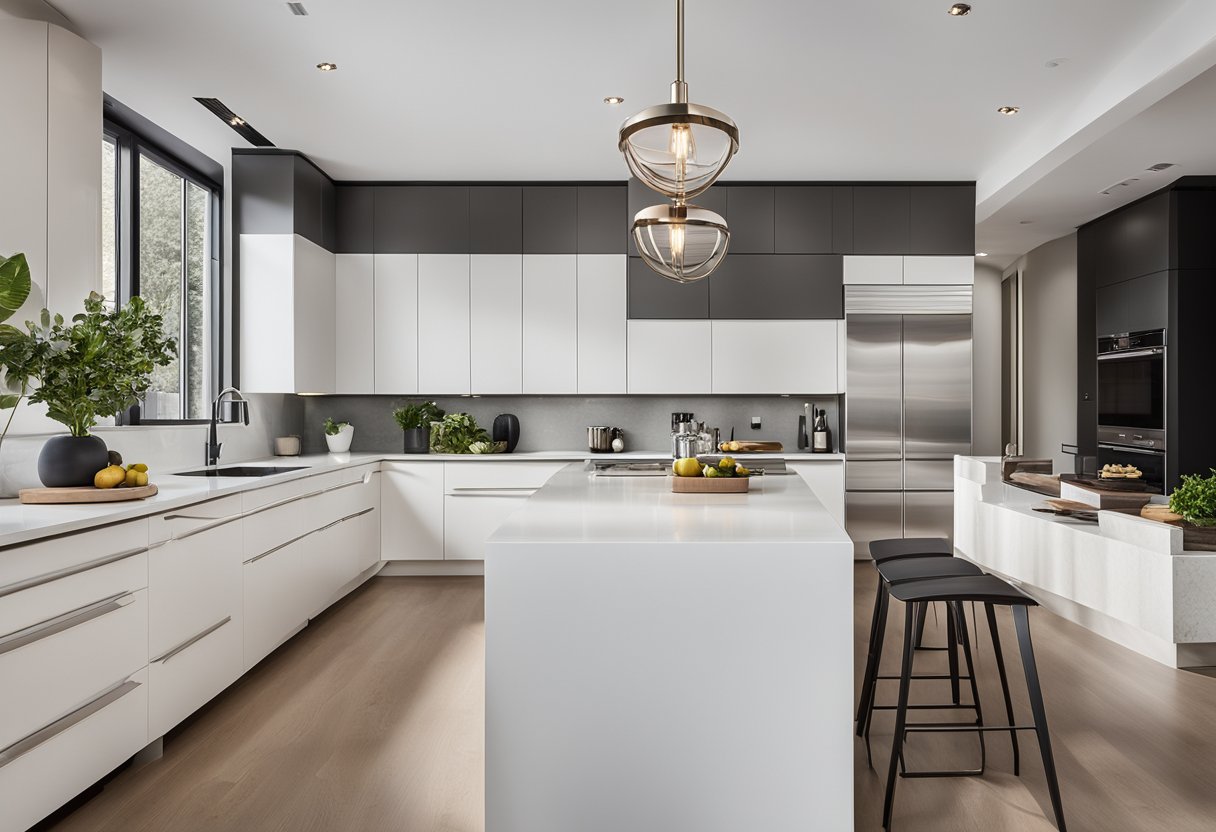 A sleek, minimalist kitchen with clean lines, high-end appliances, and ample storage. Neutral color palette with pops of bold accents. Open layout with a large island for cooking and entertaining