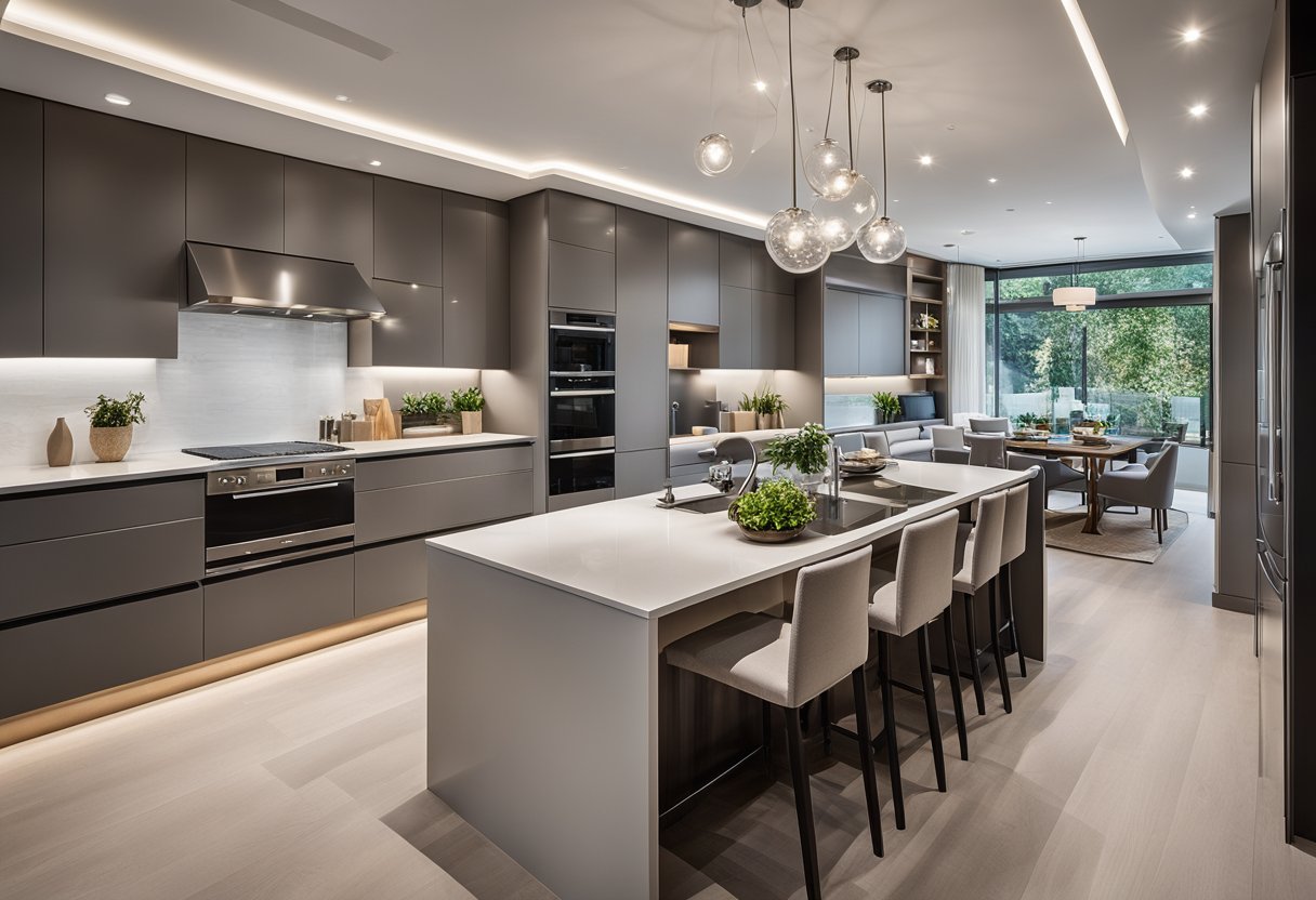 A modern kitchen with sleek cabinets and integrated appliances. A large island with a built-in sink and seating. Clean lines and a neutral color palette