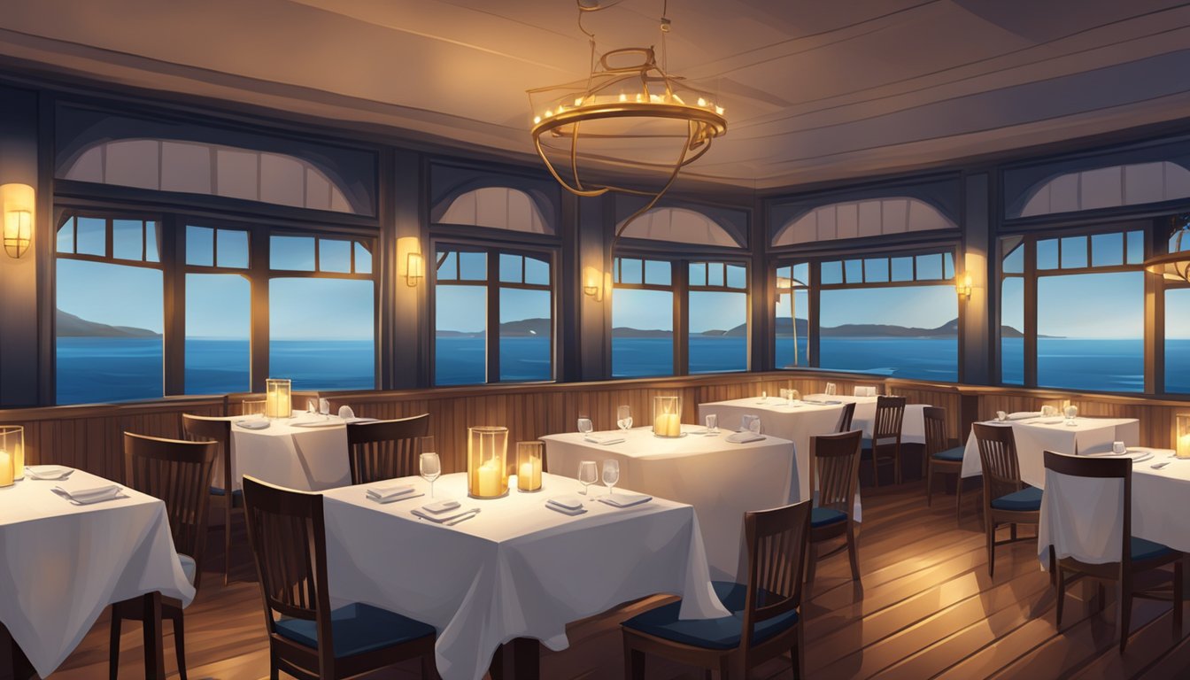 A cozy restaurant with nautical decor, dim lighting, and a view of the sea. Tables set with white linens and flickering candles, creating a warm and inviting atmosphere