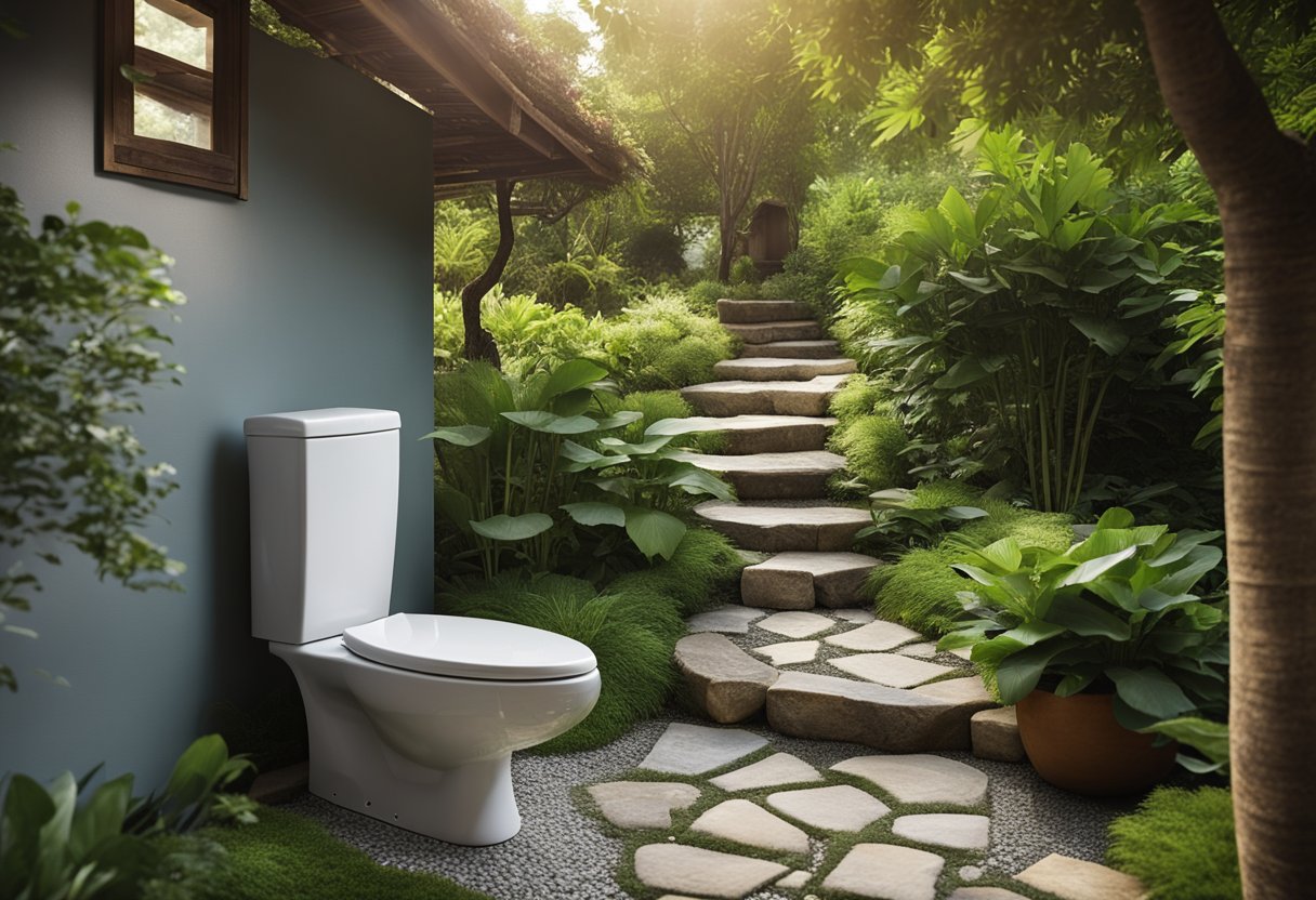A serene garden toilet design with a rustic stone pathway, lush greenery, and a charming outdoor sink