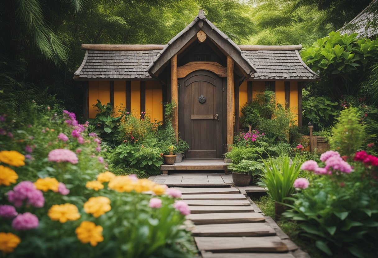 A serene garden toilet with a rustic wooden structure, surrounded by lush greenery and colorful flowers, with a small pathway leading to the entrance