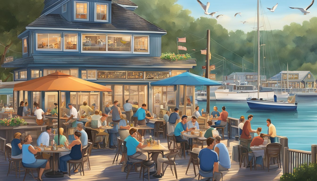 A bustling waterfront restaurant with outdoor seating, surrounded by boats and seagulls. The mariners corner sign is illuminated, and the smell of seafood fills the air