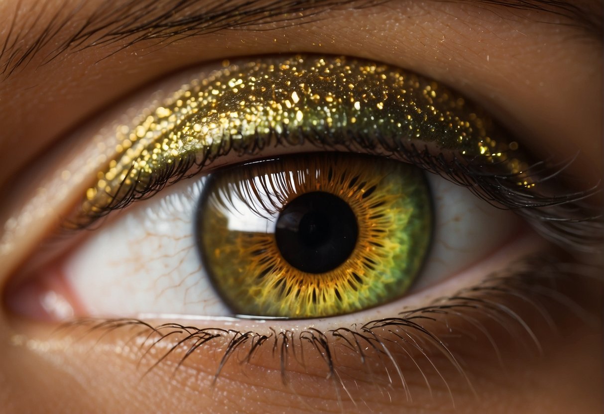 A close-up of hazel eyes, with a mix of green, brown, and gold flecks, reflecting light and depth