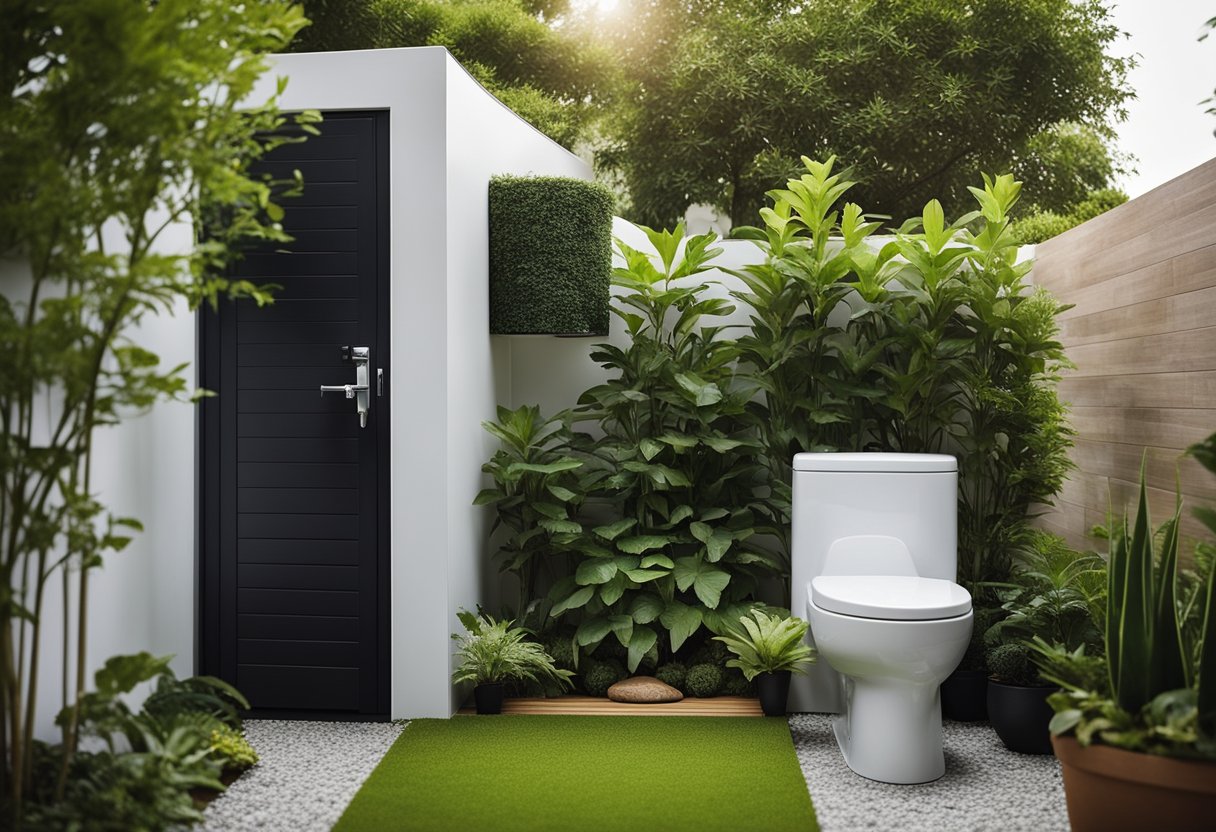 A garden toilet with a sleek, modern design sits nestled among lush greenery, with a small pathway leading up to it. The toilet is surrounded by a variety of potted plants and flowers, creating a peaceful and inviting atmosphere