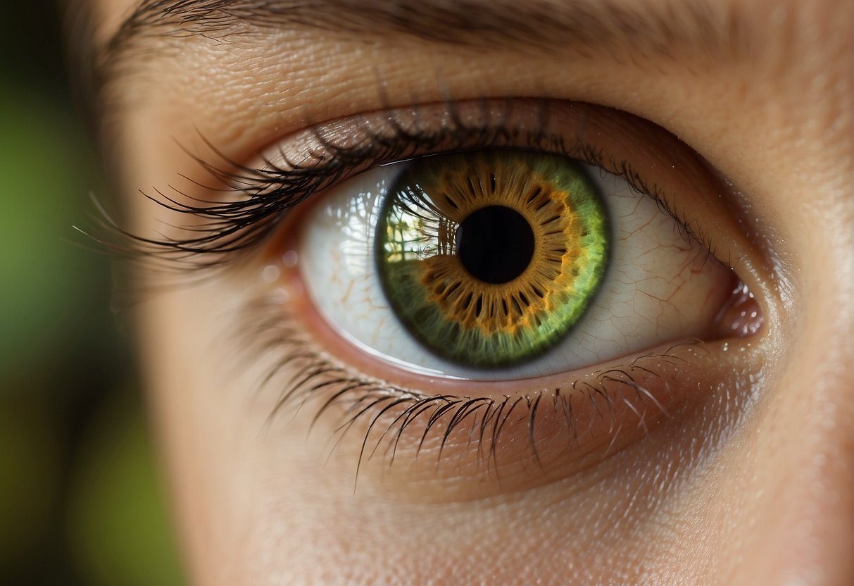 A close-up of hazel eyes glistening in soft light, surrounded by healthy, vibrant green and brown tones