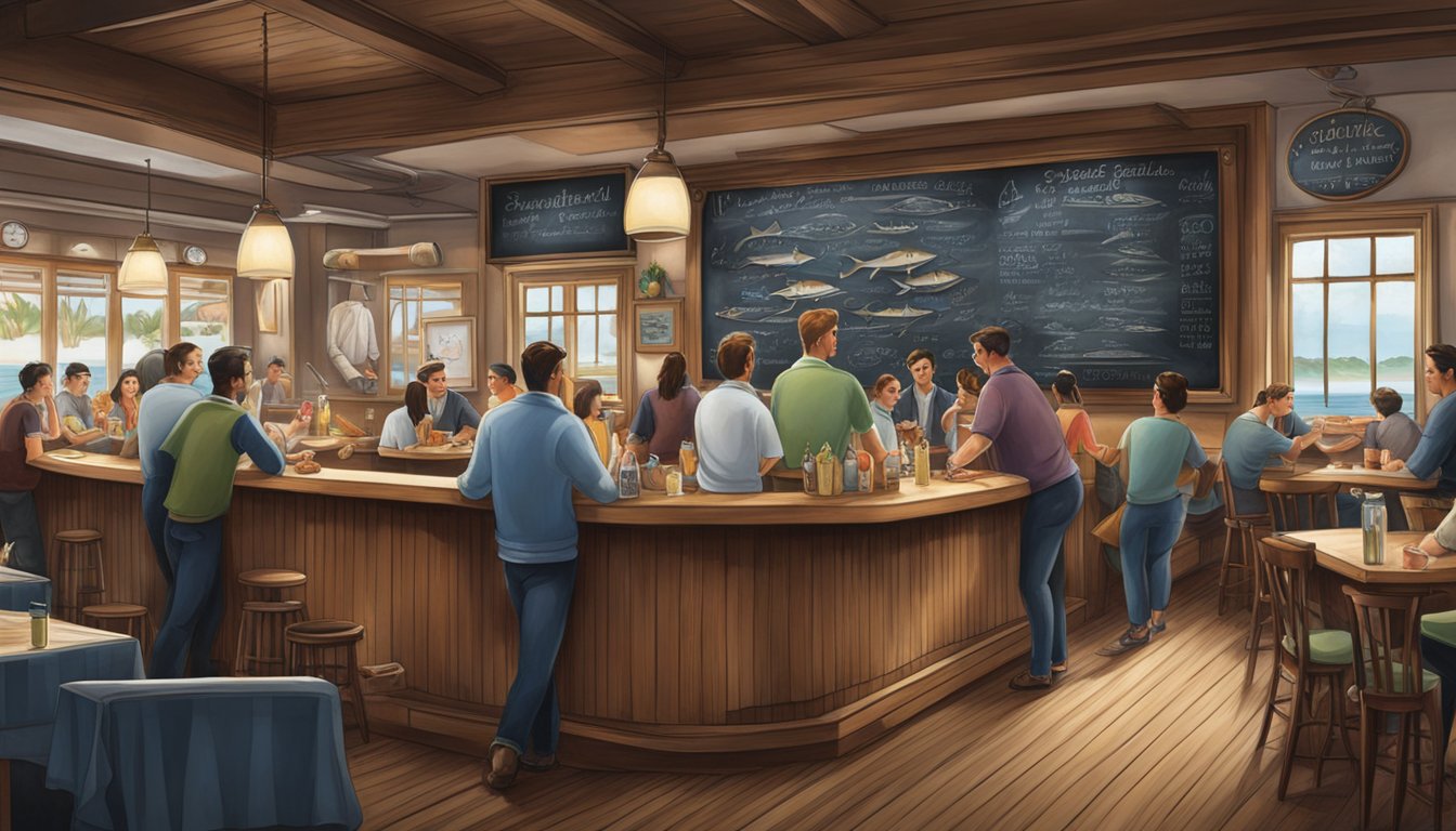 A bustling seafood restaurant with a nautical theme, filled with patrons enjoying fresh catches and sipping on cocktails. A chalkboard displaying the day's specials hangs behind the bar