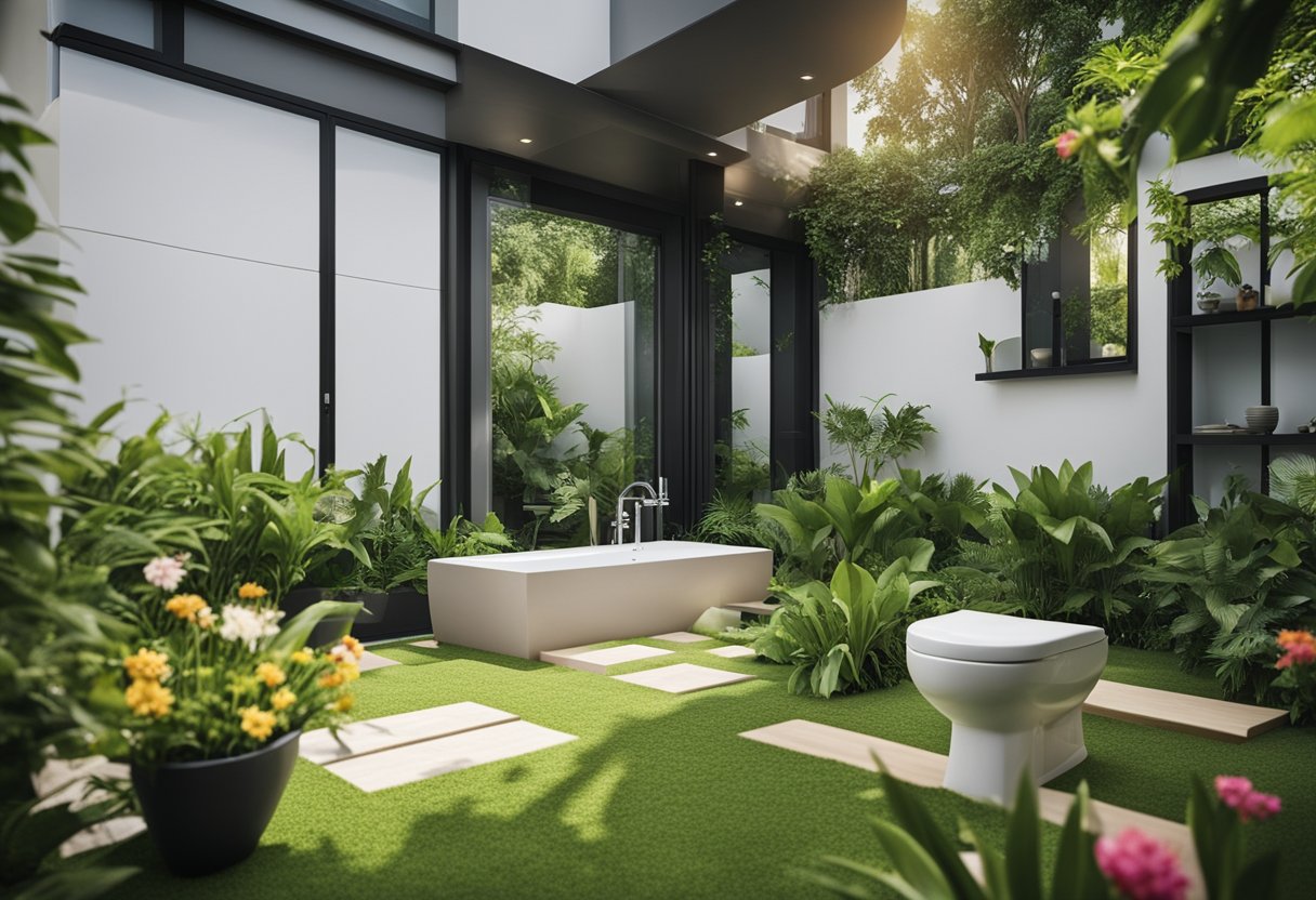 A serene garden with a modern toilet design, surrounded by lush greenery and colorful flowers
