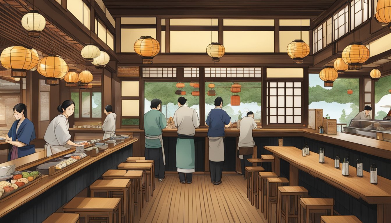 The Warakuya Japanese restaurant is filled with traditional decor, including paper lanterns and wooden tables. Sushi chefs work behind the counter, while customers enjoy their meals in a cozy atmosphere