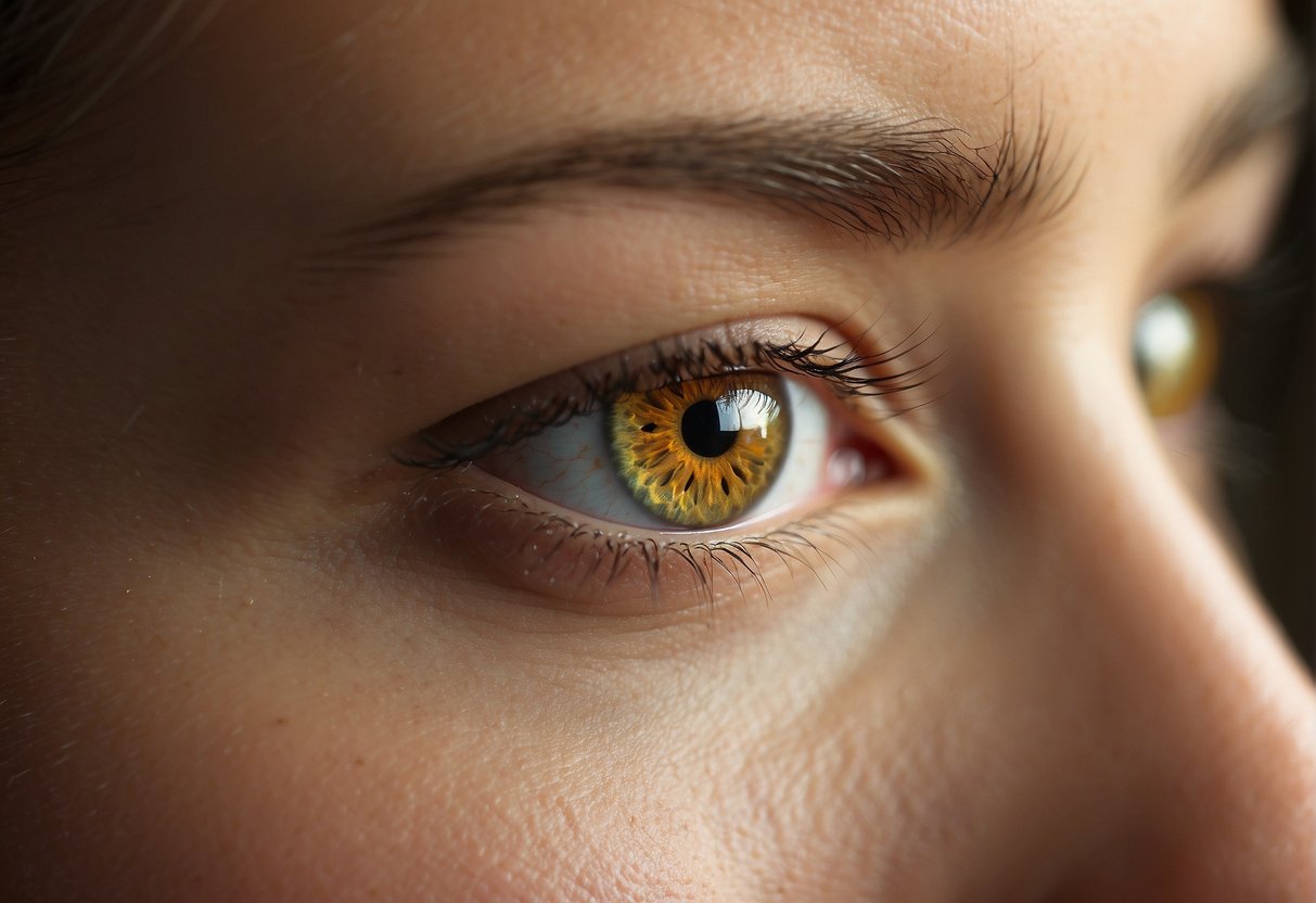 A pair of hazel eyes sparkling with cosmetic enhancements