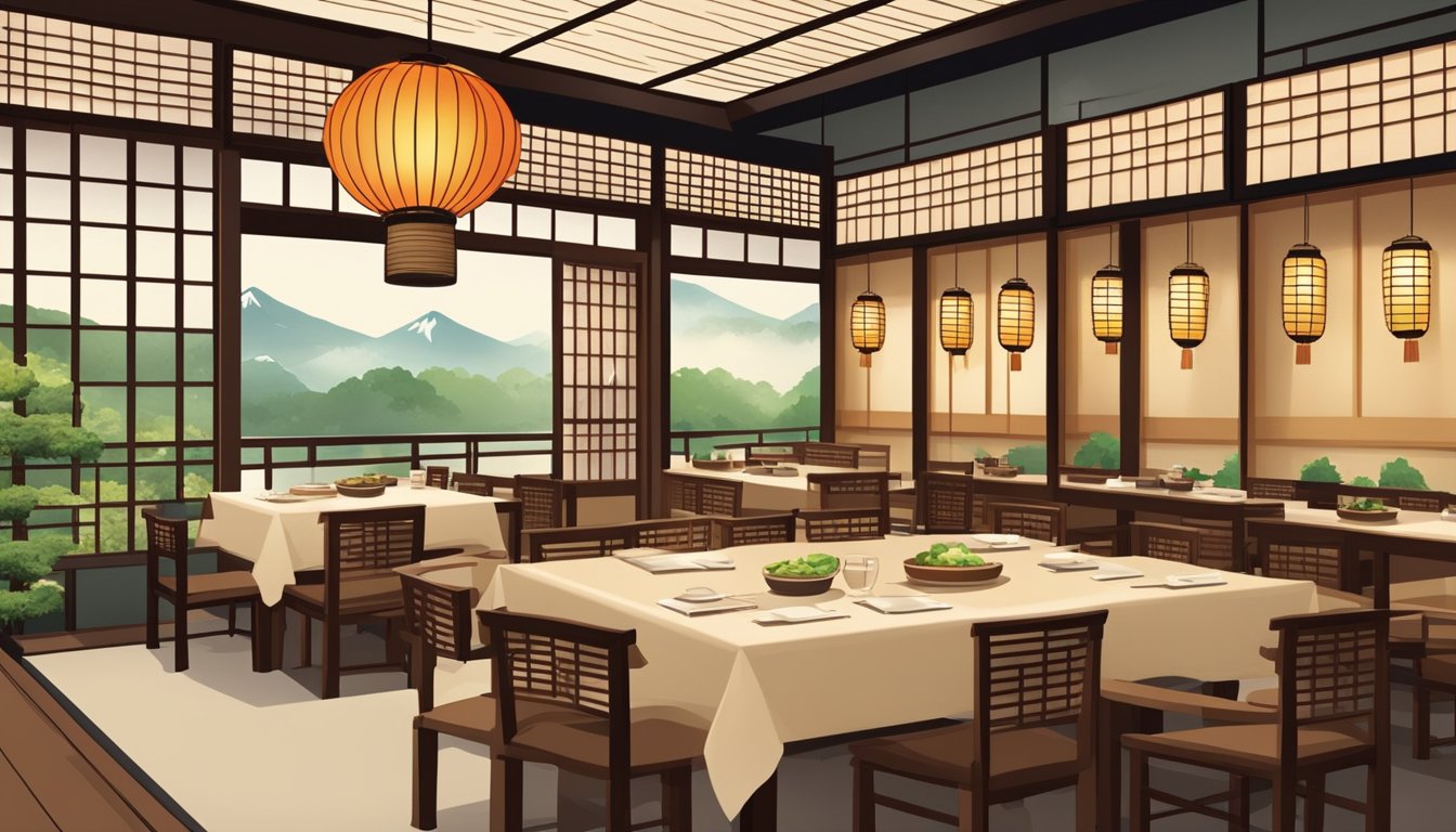 A traditional Japanese restaurant with paper lanterns, wooden tables, and sliding doors. The room is filled with the aroma of sizzling tempura and the sound of sizzling teppanyaki