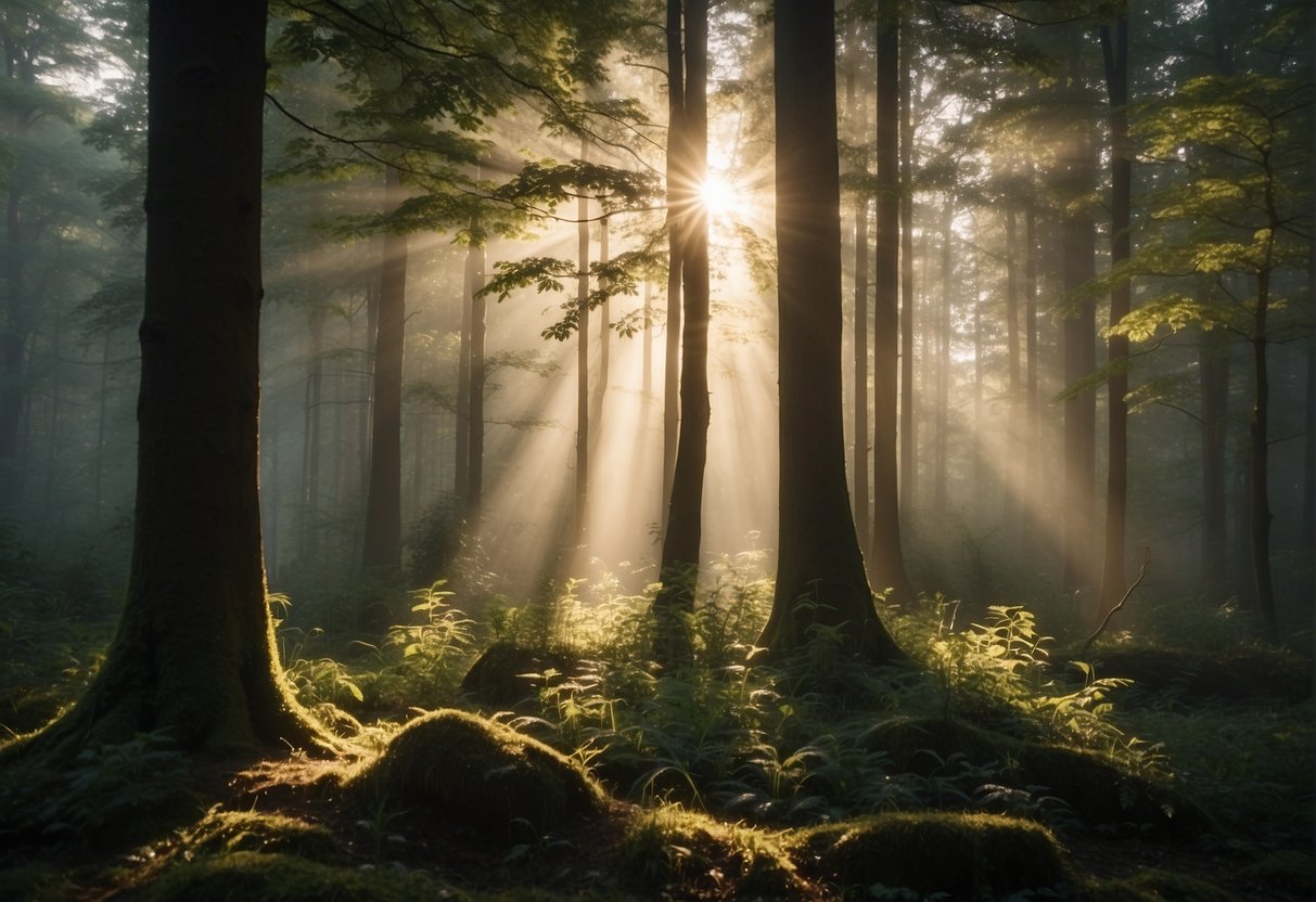 A misty forest with sunlight filtering through the trees, casting a warm glow on the hazel leaves and creating a tranquil and introspective atmosphere