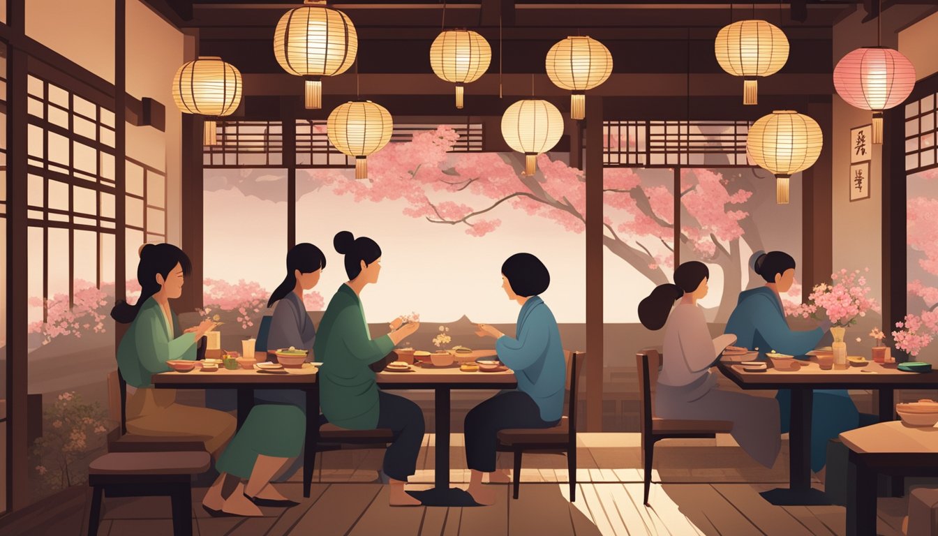 Customers enjoying a variety of traditional Japanese dishes in a cozy, dimly lit restaurant adorned with paper lanterns and cherry blossom decor
