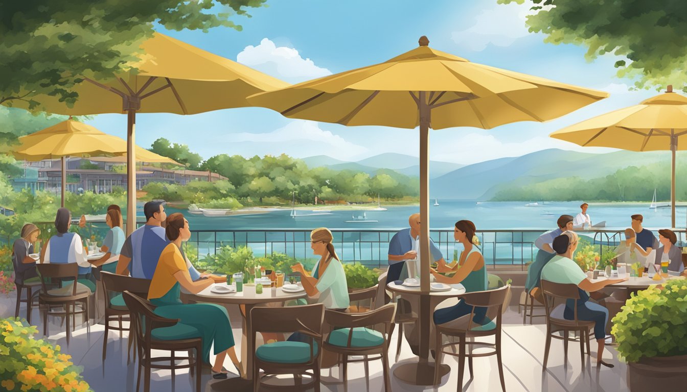 A bustling waterfront restaurant with outdoor seating, surrounded by lush greenery and overlooking a serene body of water