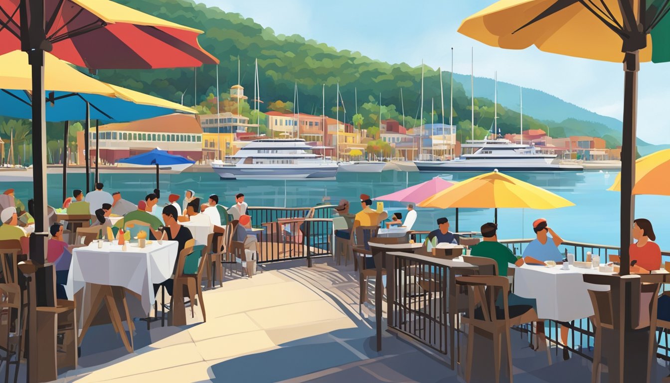 A bustling waterfront restaurant, with colorful umbrellas shading outdoor tables. Boats gently bob in the marina, while diners enjoy the picturesque view