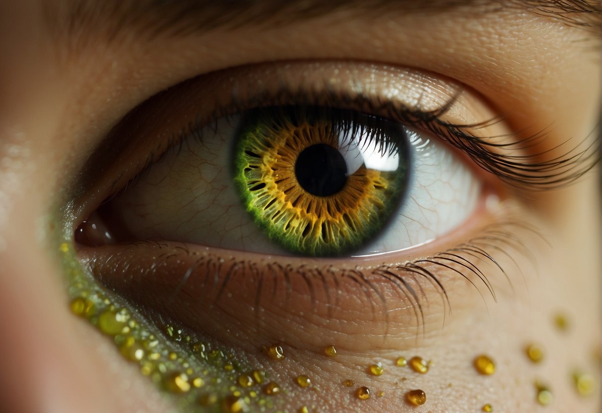 A close-up of hazel eyes surrounded by golden flecks, with green and brown hues blending together in a mesmerizing and enigmatic display