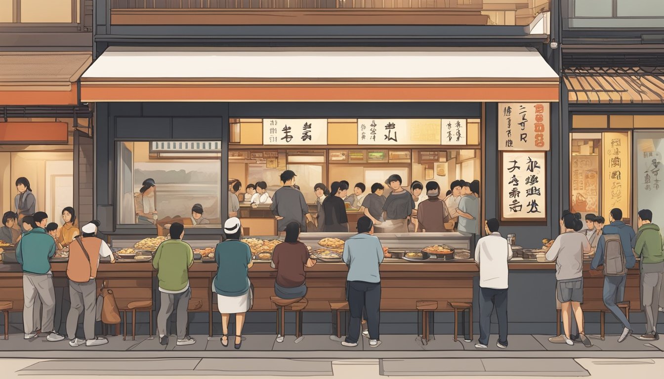 A bustling Japanese restaurant with a long line of customers waiting outside, while inside, servers rush to deliver steaming bowls of ramen and sizzling plates of tempura to hungry diners