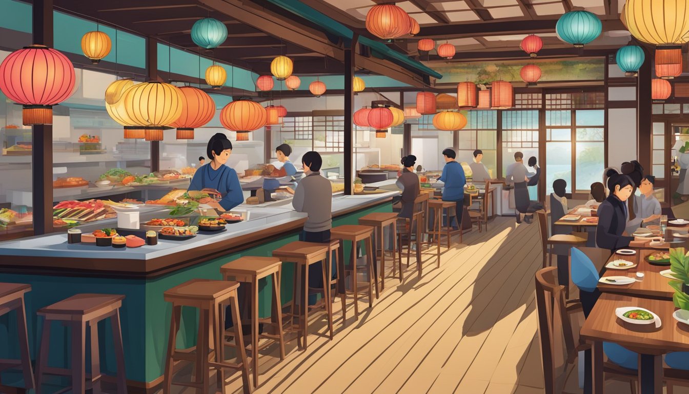 A bustling Japanese restaurant with colorful decor, traditional lanterns, and a sushi bar with a chef preparing fresh dishes