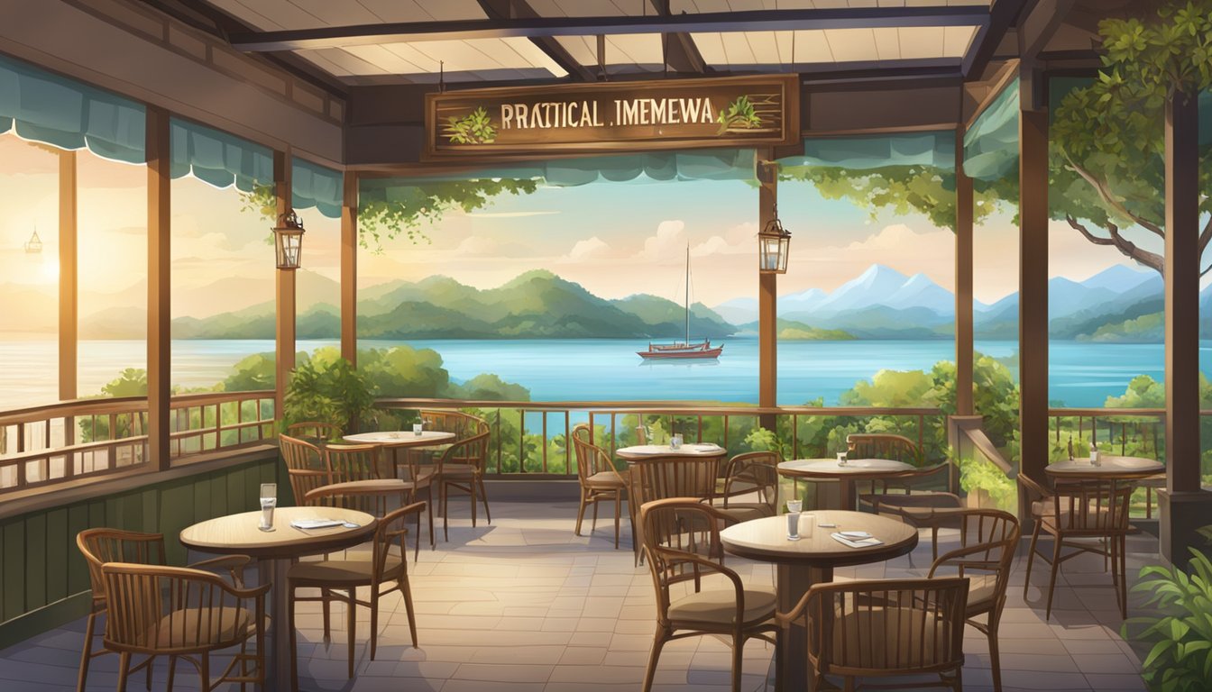 A waterfront restaurant with a sign reading "Practical Information rasa istimewa" and a serene, picturesque view of the water and surrounding landscape