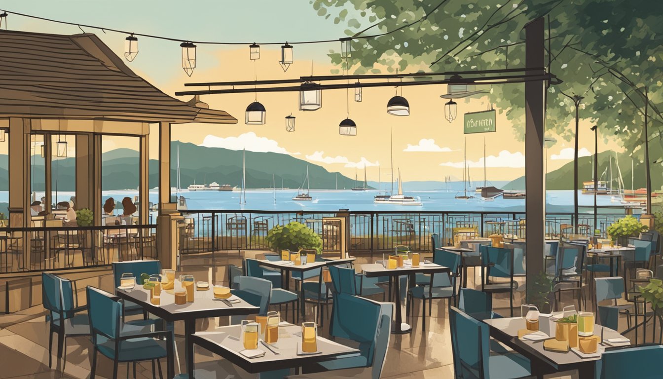 A bustling waterfront restaurant with a sign reading "Frequently Asked Questions rasa istimewa." Tables and chairs fill the outdoor dining area, while the waterfront provides a scenic backdrop