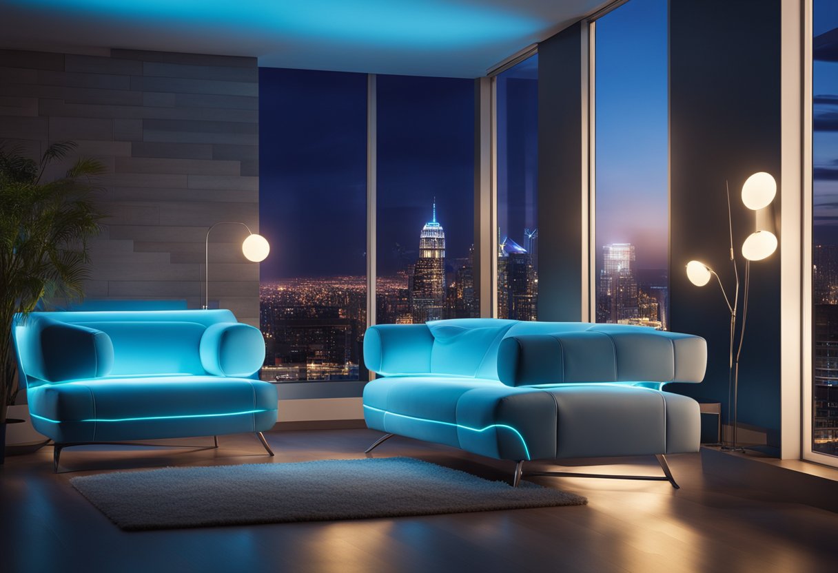 Sleek, metallic furniture contrasts with soft, glowing neon accents. A large, panoramic window overlooks a cityscape. The room is bathed in a cool, blue light