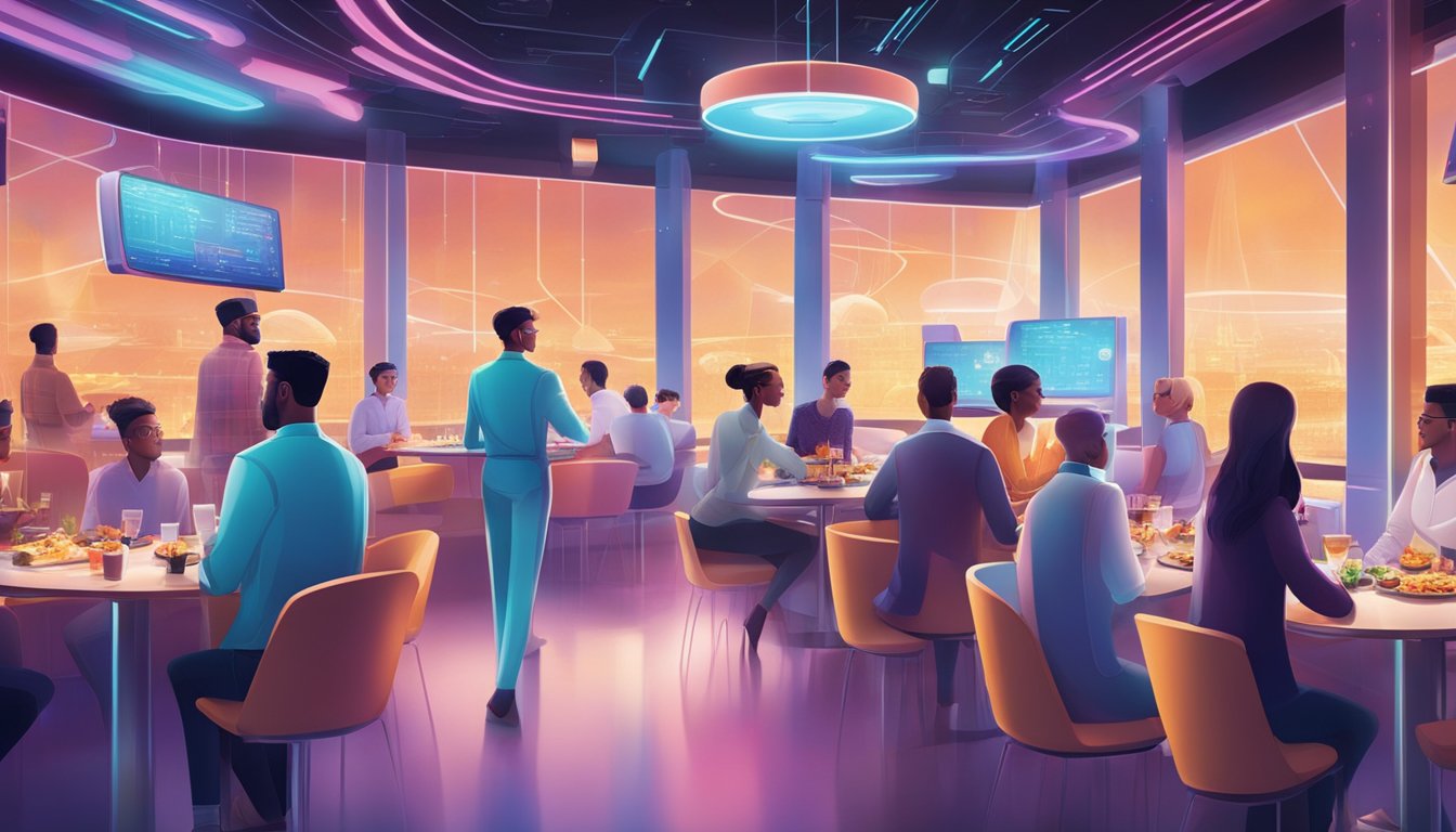 Customers enjoying a variety of international cuisines in a futuristic, sleek restaurant with holographic menus and robotic servers