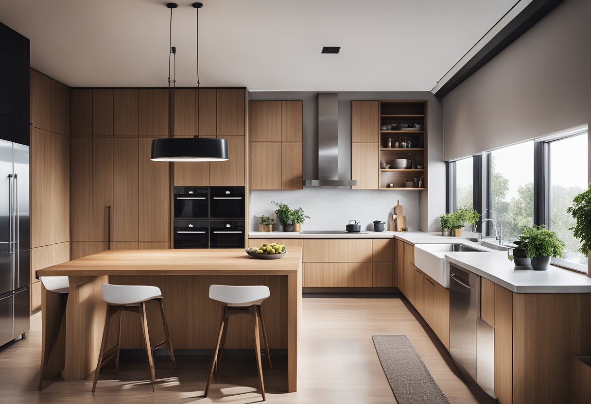 A sleek, minimalist wood kitchen with clean lines, stainless steel appliances, and natural light streaming in through large windows