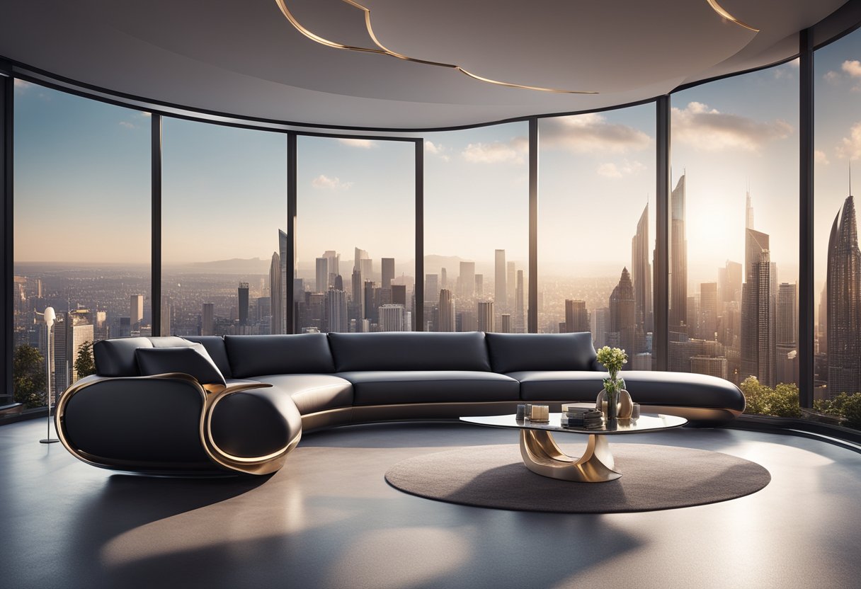 A sleek, minimalist living room with curved, metallic furniture, glowing LED accents, and a panoramic view of a futuristic city skyline