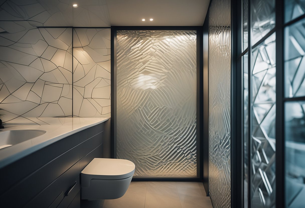 A small, frosted window in a bathroom, with a simple design of swirling lines and geometric shapes etched into the glass