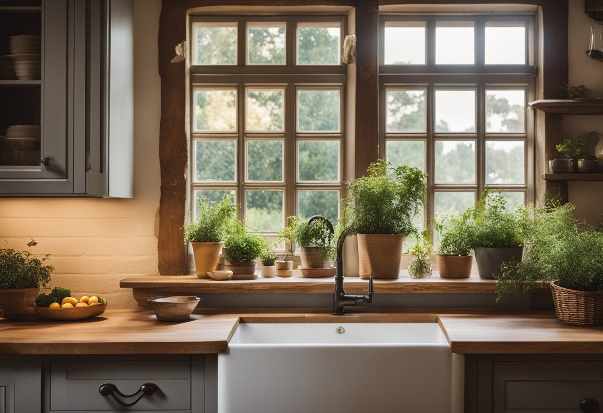A cozy French country kitchen with rustic wooden beams, a farmhouse sink, and a large window overlooking a picturesque garden