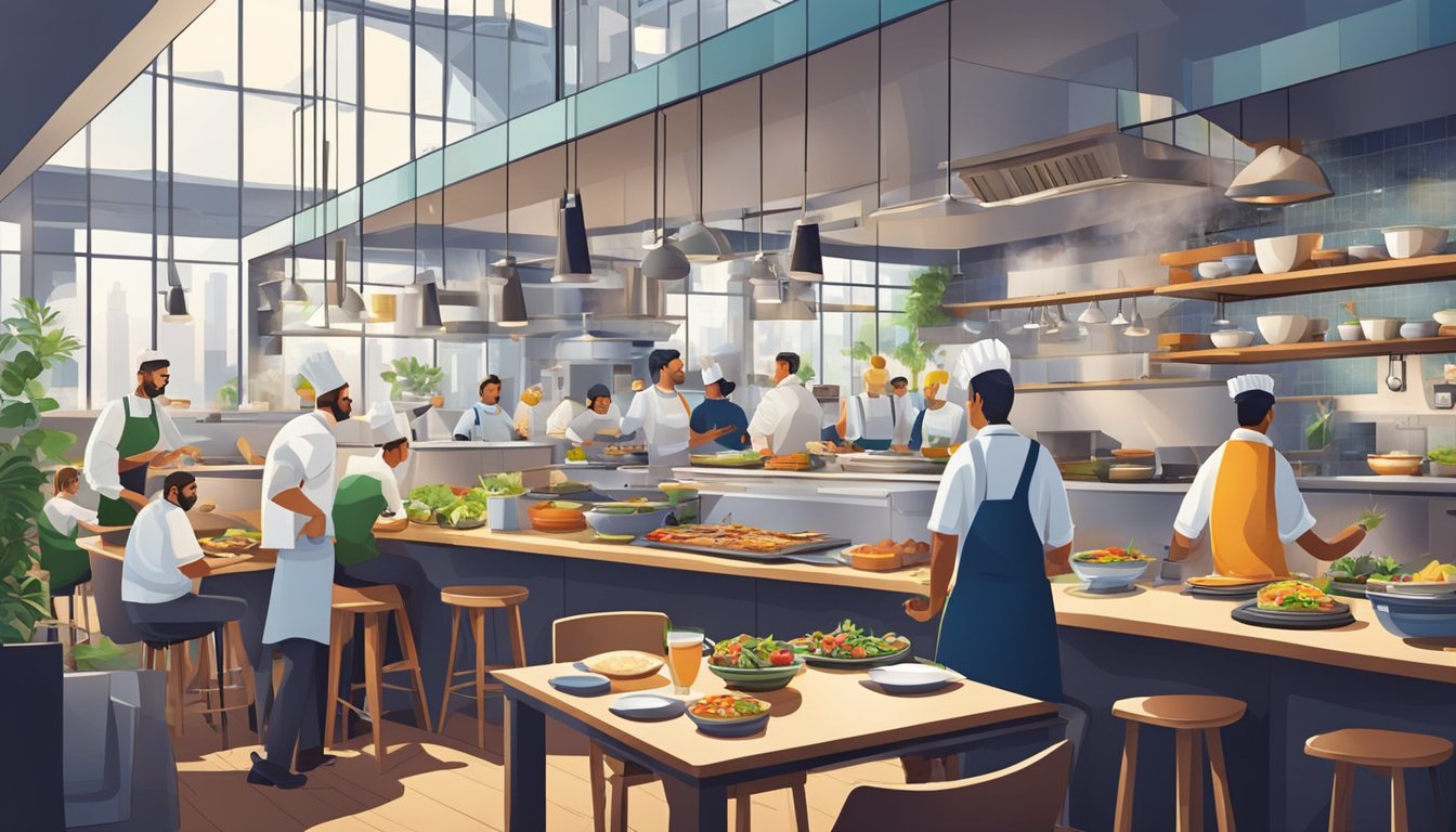 A bustling open kitchen with chefs preparing diverse global cuisines, surrounded by diners enjoying their meals in a vibrant, modern dining space