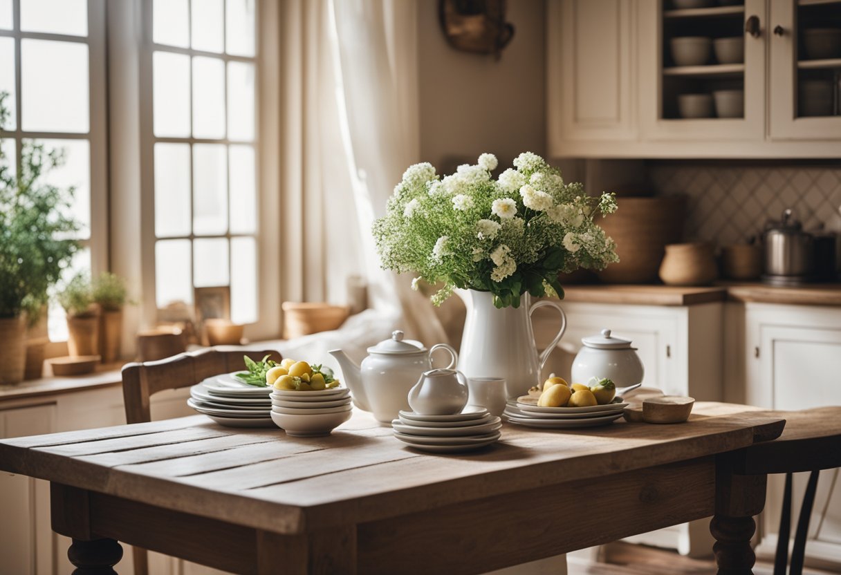 A cozy French country kitchen with a rustic wooden table, vintage ceramic dishes, a bouquet of fresh flowers, and a window with billowing white curtains