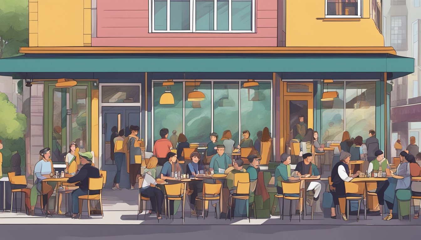 A bustling restaurant with a long line of people waiting outside, colorful signage, and outdoor seating