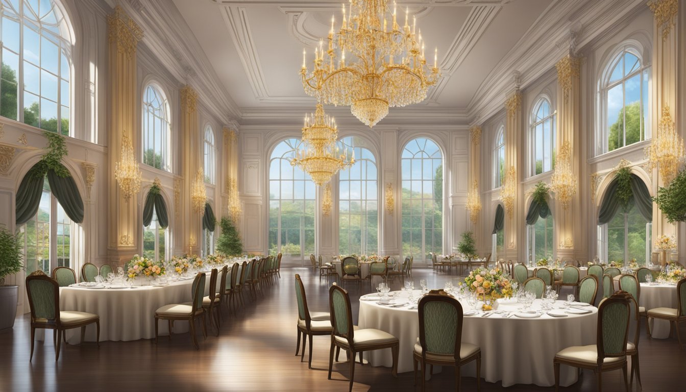 A grand dining hall with ornate chandeliers, high ceilings, and elegant table settings