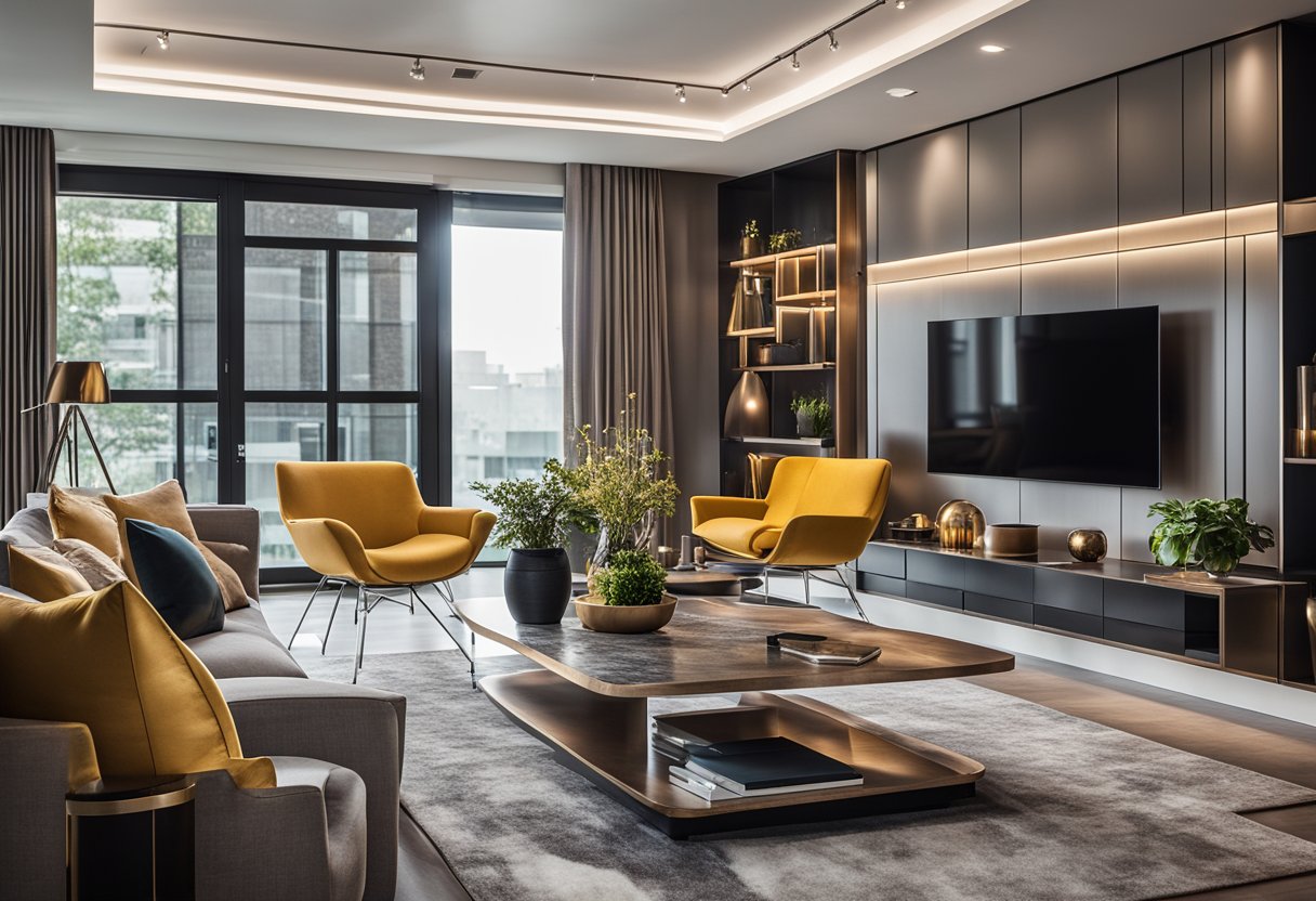 The living room features sleek, metallic furniture with integrated smart technology. Personal touches include vibrant accent colors and unique art pieces