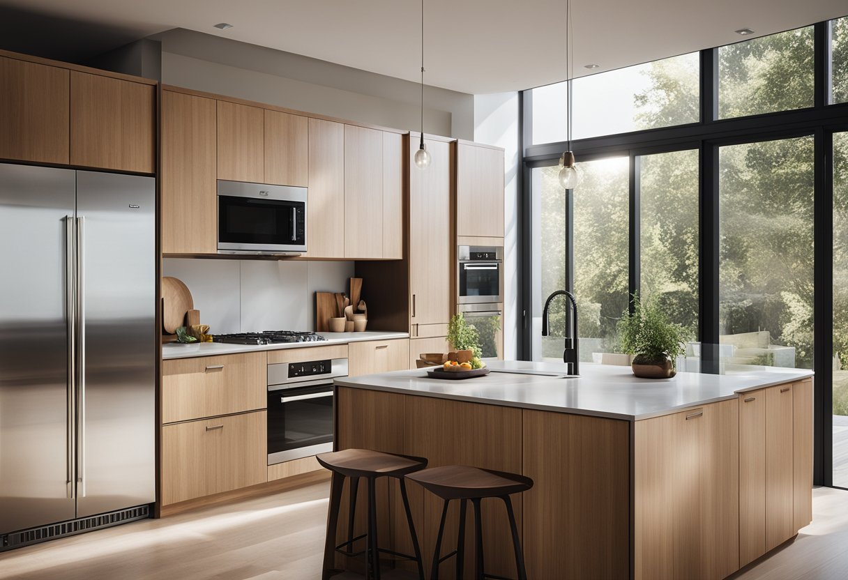 A sleek, minimalist wood kitchen with clean lines, integrated appliances, and ample storage. Natural light streams in through large windows, illuminating the space