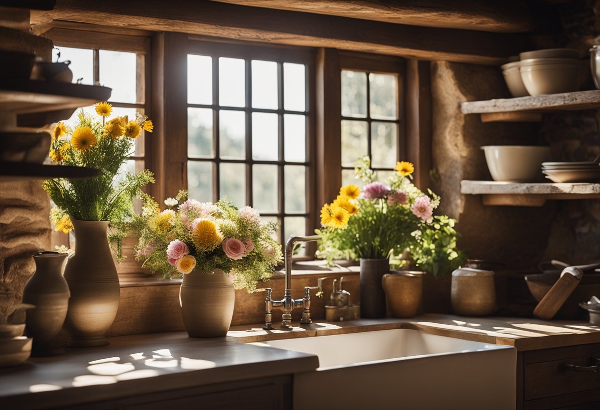 A rustic kitchen with stone walls, wooden beams, and a large farmhouse sink. Sunlight streams in through a window, highlighting a bouquet of fresh flowers on a weathered table