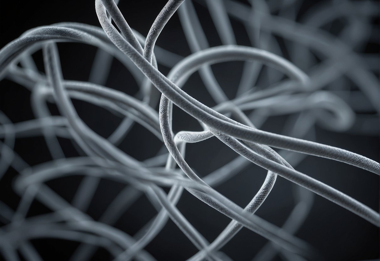 A swirling double helix of DNA strands, with one strand highlighted in shades of grey, representing the genetics behind grey eyes