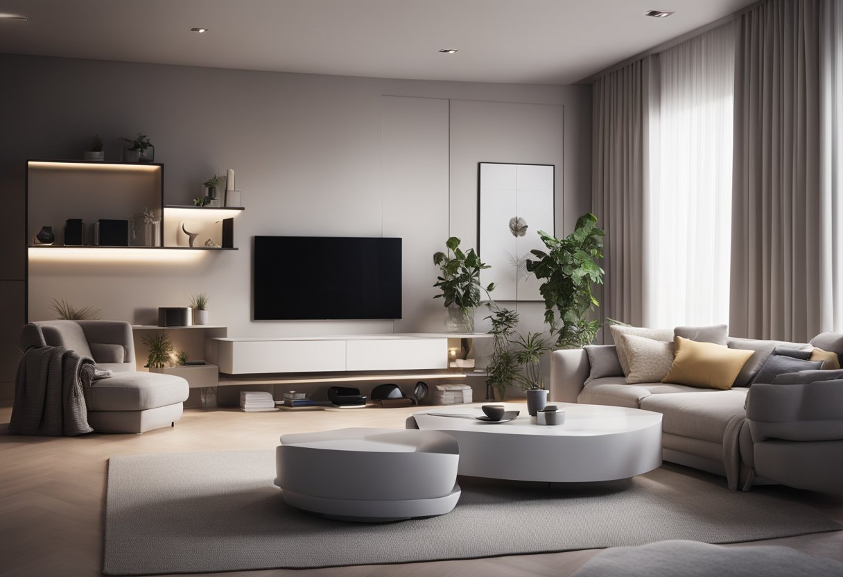 A sleek, minimalist living room with futuristic furniture, clean lines, and high-tech gadgets. The space is bathed in soft, ambient lighting, creating a cozy yet modern atmosphere