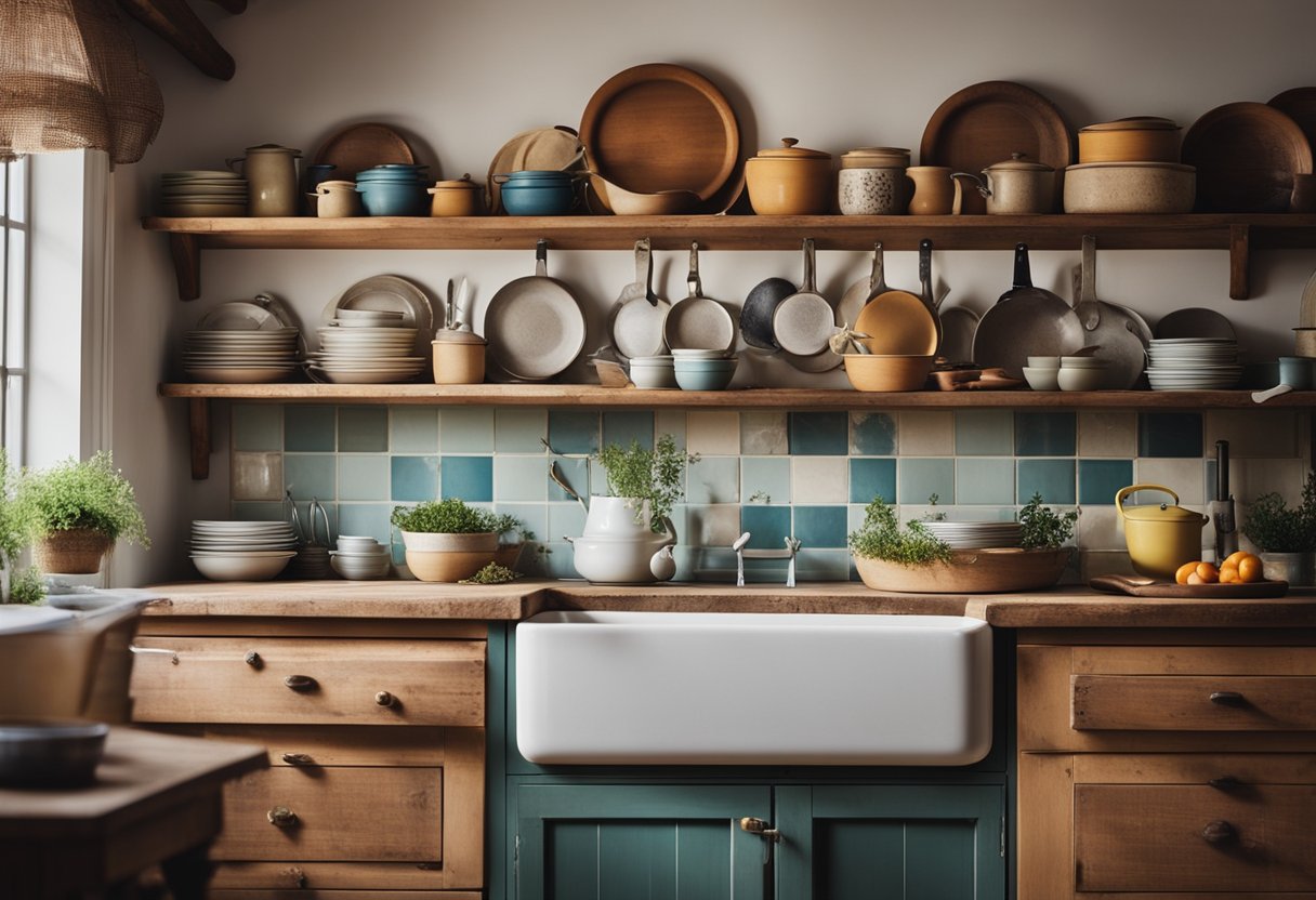 A cozy French country kitchen with a rustic wooden table, hanging pots and pans, a farmhouse sink, and colorful ceramic dishes on open shelves