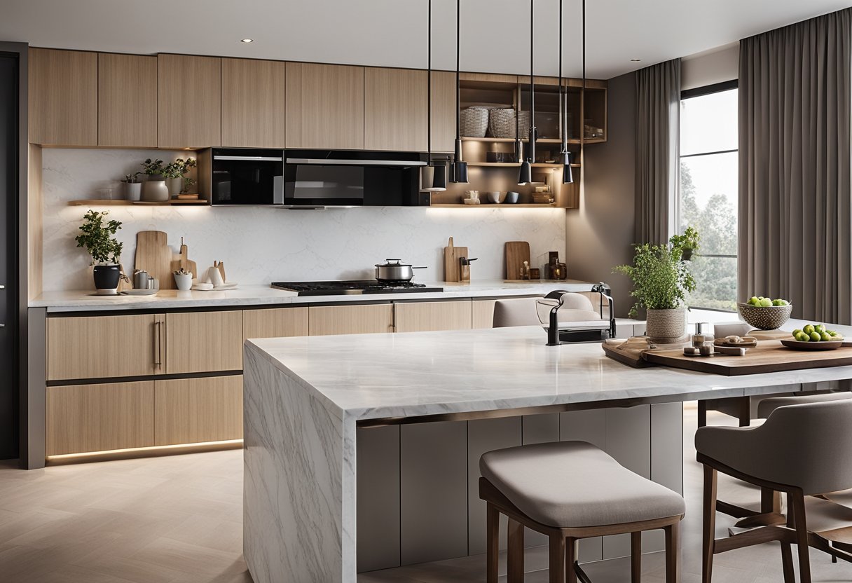 A sleek, minimalist kitchen with stainless steel appliances, marble countertops, and clean lines. The furniture features a mix of wood and metal, with a neutral color palette