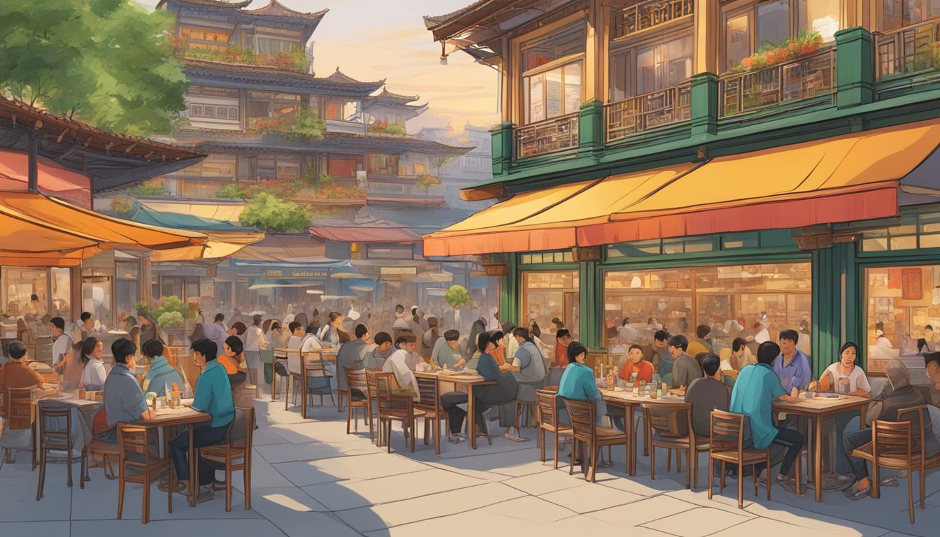A bustling square filled with diverse Asian restaurants, each emitting enticing aromas and vibrant colors, drawing in hungry patrons from all around