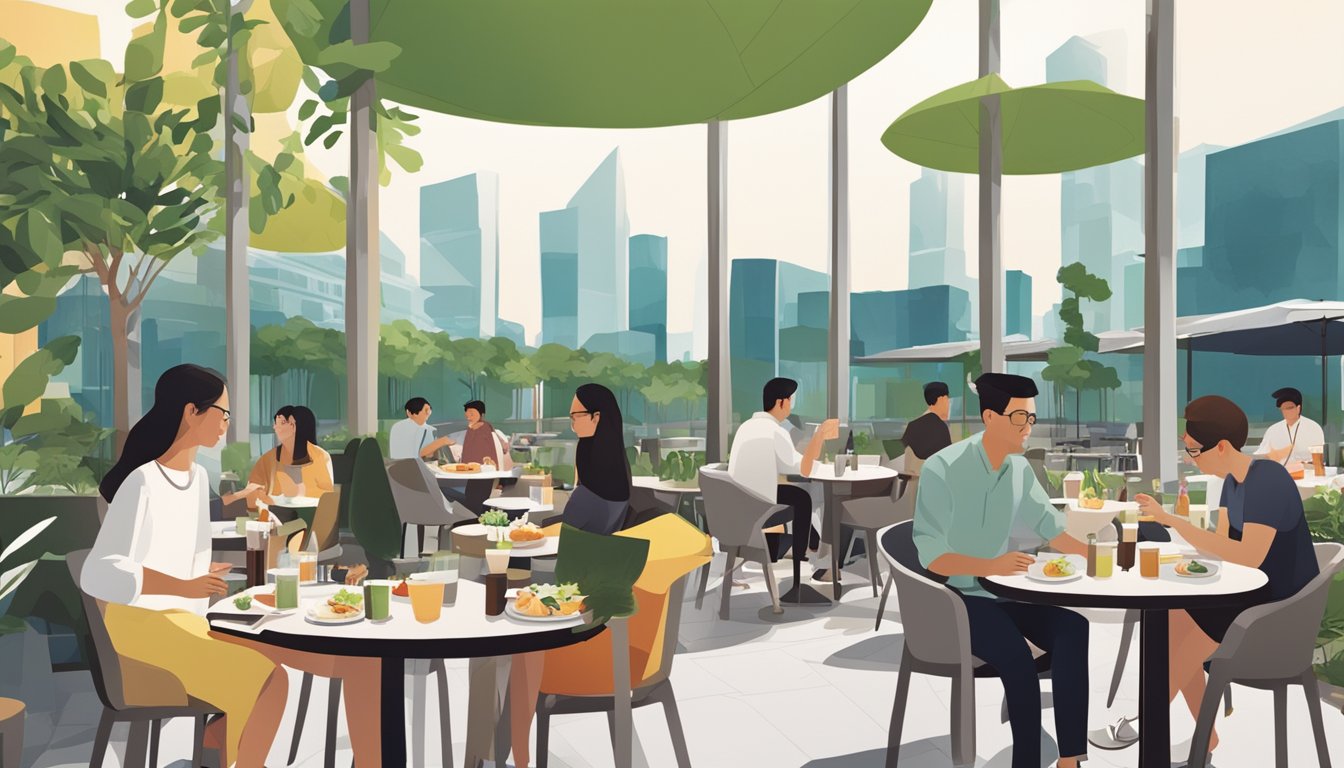 People sitting at outdoor tables, enjoying food and drinks with a backdrop of modern architecture and greenery at Asia Square restaurants