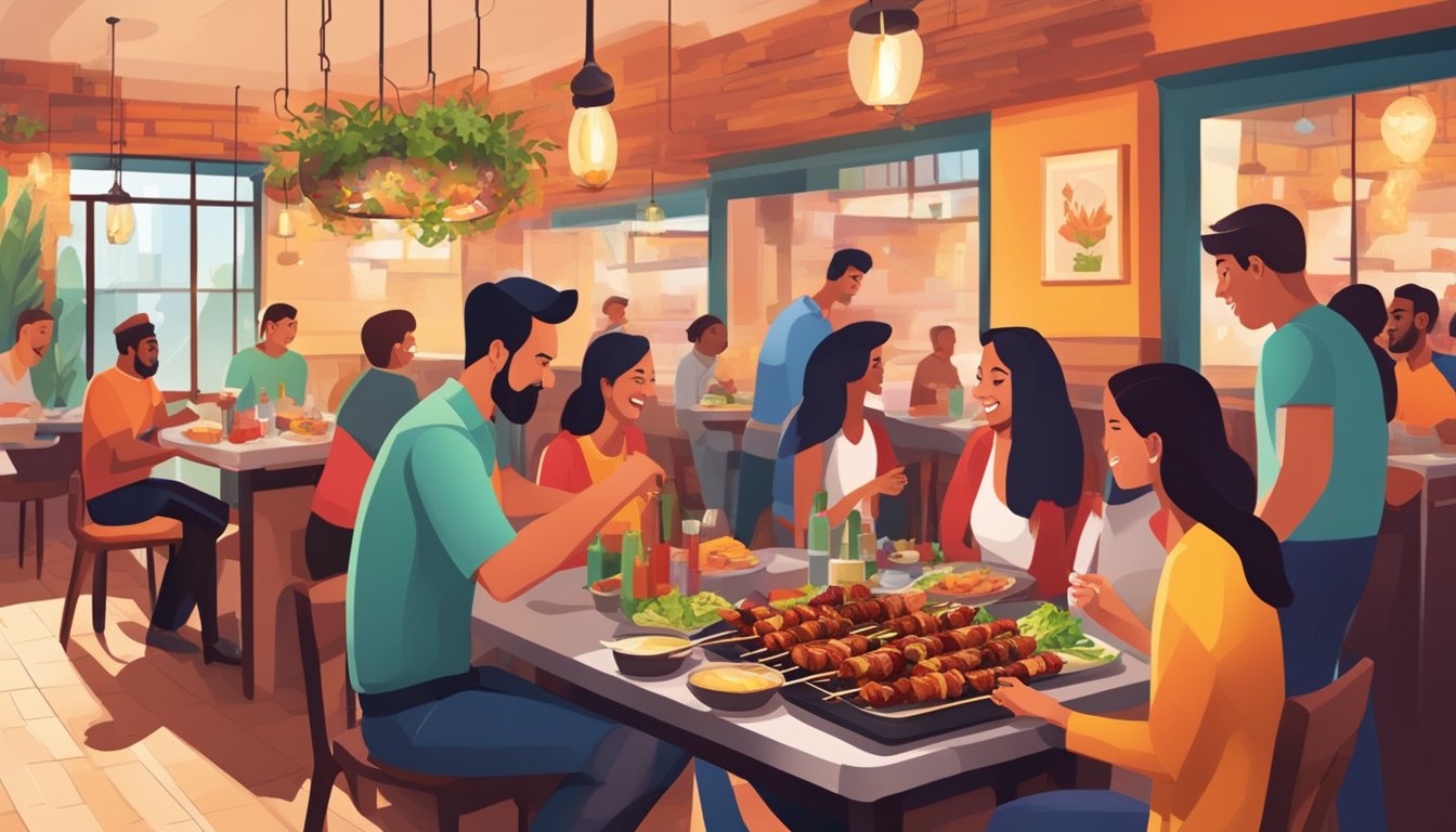 Customers enjoying sizzling shashlik skewers at a vibrant restaurant, surrounded by the aroma of grilled meats and the lively chatter of satisfied diners